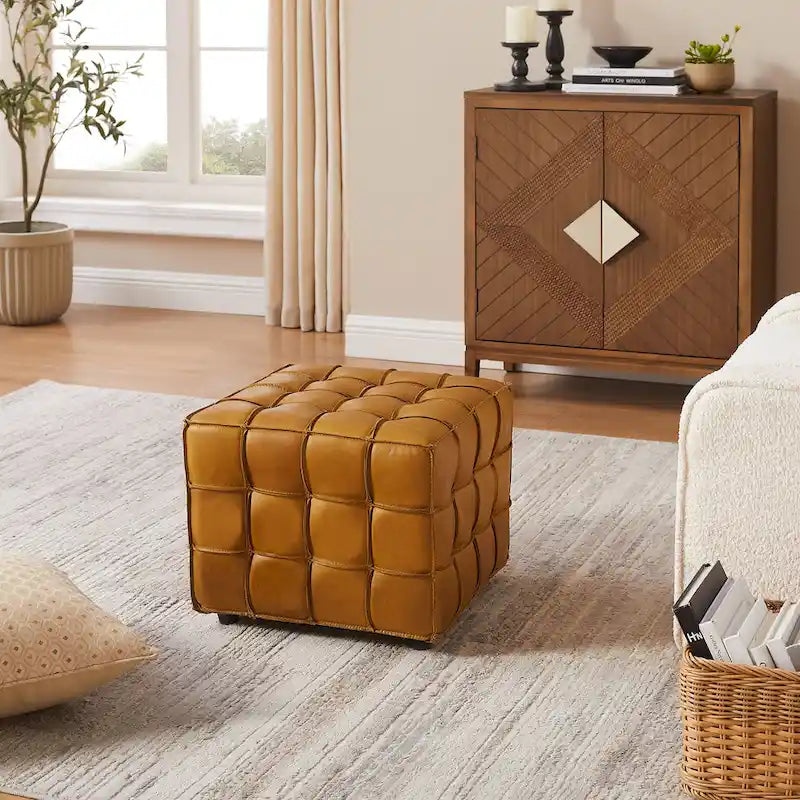 Quadratischer Ottoman-Pouf aus Vollnarbenleder