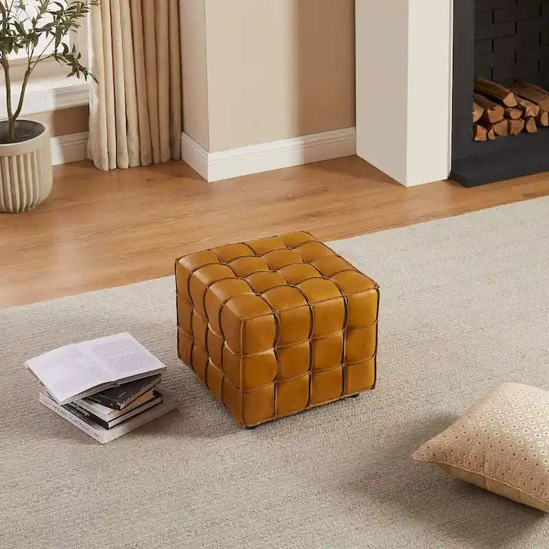Quadratischer Ottoman-Pouf aus Vollnarbenleder