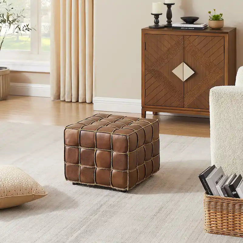 Quadratischer Ottoman-Pouf aus Vollnarbenleder