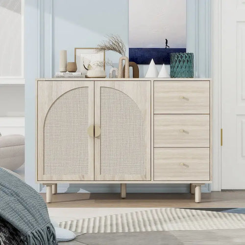 2 Doors and 3 Drawers Wood Pantry Organizer with Adjustable Laminates, Storage Cabinet for Living Room, Kitchen