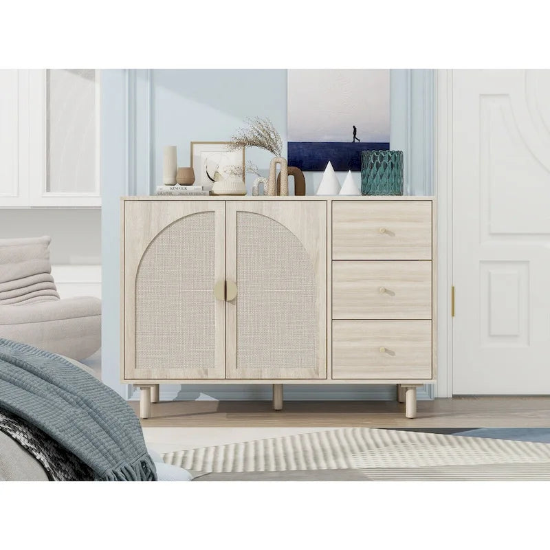 2 Doors and 3 Drawers Wood Pantry Organizer with Adjustable Laminates, Storage Cabinet for Living Room, Kitchen