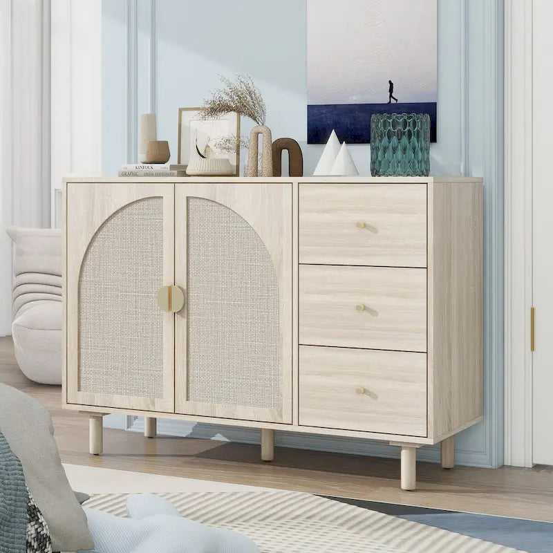 2 Doors and 3 Drawers Wood Pantry Organizer with Adjustable Laminates, Storage Cabinet for Living Room, Kitchen
