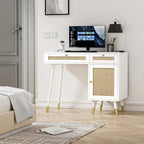 Computer Desk with 2 Drawers Modern Rattan Home Office Desk with File Cabinet