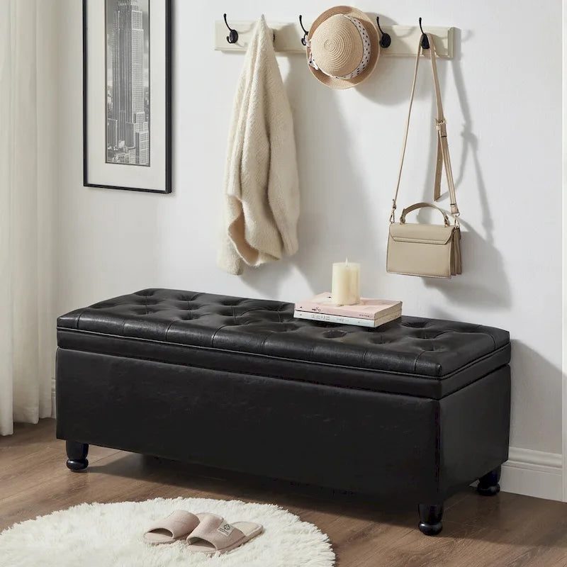 Black Upholstered Tufted Button Storage Bench with Faux Leather and Spindle Wooden Legs,Storage Ottoman Bench