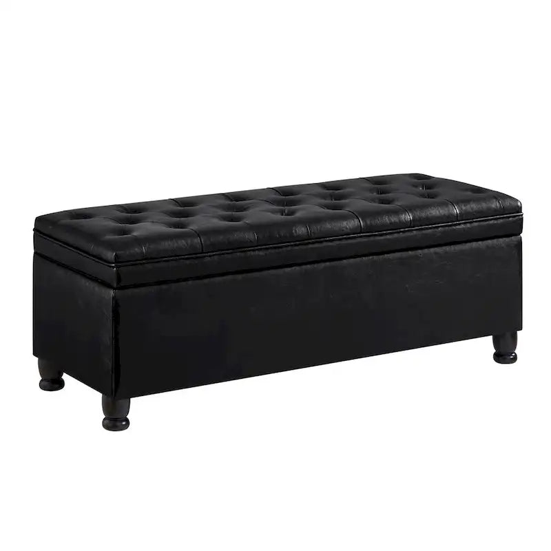 Black Upholstered Tufted Button Storage Bench with Faux Leather and Spindle Wooden Legs,Storage Ottoman Bench