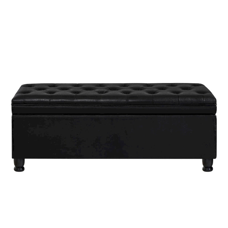 Black Upholstered Tufted Button Storage Bench with Faux Leather and Spindle Wooden Legs,Storage Ottoman Bench