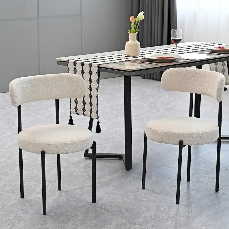 Modern Round Upholstered Boucle Dining Chairs Set of 2, Curved Backrest and black metal spray-painted legs