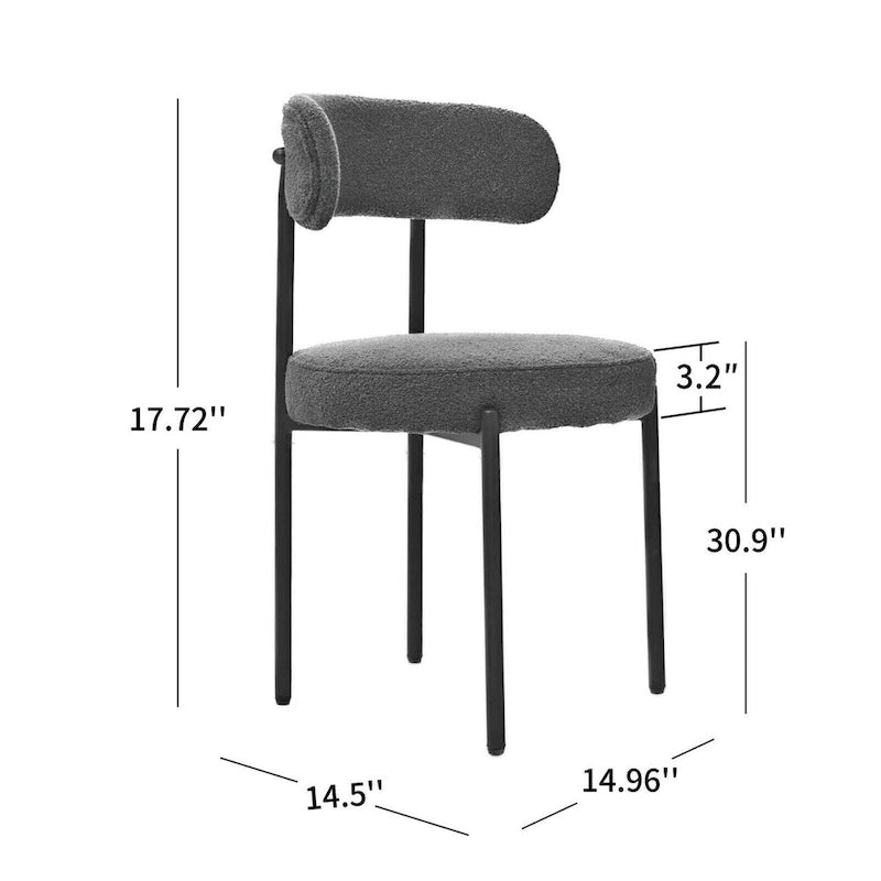 Set aus 2 modernen runden Bouclé-Esszimmerstühlen mit Polsterung, geschwungener Rückenlehne und schwarz lackierten Metallbeinen