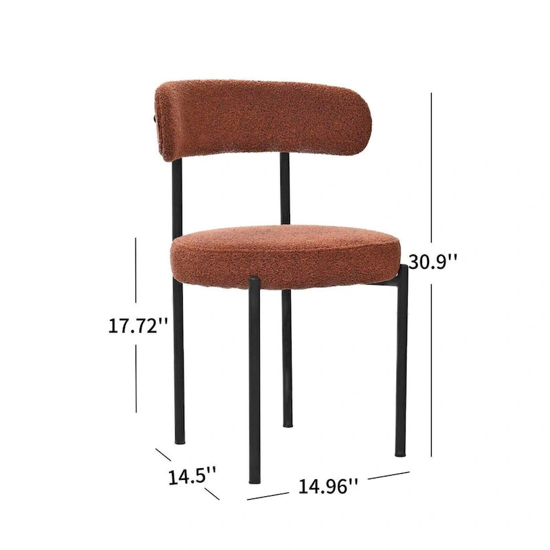 Set aus 2 modernen runden Bouclé-Esszimmerstühlen mit Polsterung, geschwungener Rückenlehne und schwarz lackierten Metallbeinen