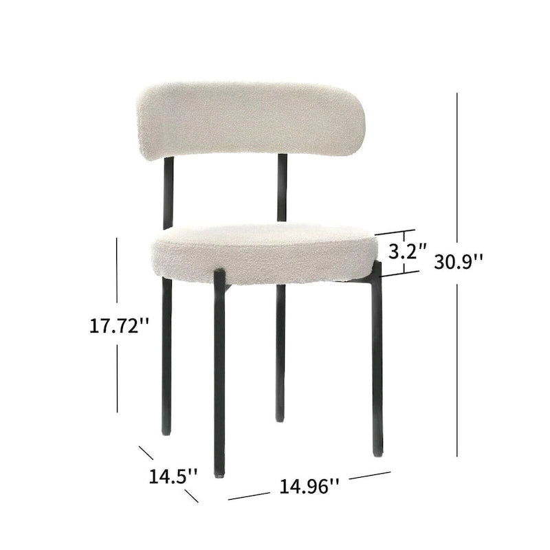 Set aus 2 modernen runden Bouclé-Esszimmerstühlen mit Polsterung, geschwungener Rückenlehne und schwarz lackierten Metallbeinen