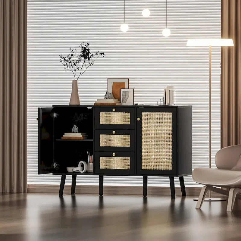 Modern Wood Rattan Black Buffet Sideboard Accent Storage Cabinet with 3 Drawers and 2 Doors