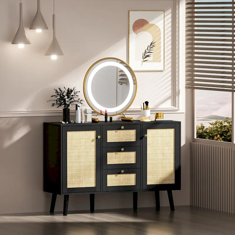 Modernes schwarzes Buffet-Sideboard aus Holz und Rattan, Akzent-Stauraumschrank mit 3 Schubladen und 2 Türen