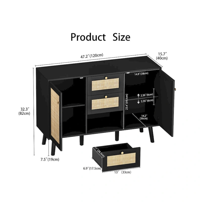 Modernes schwarzes Buffet-Sideboard aus Holz und Rattan, Akzent-Stauraumschrank mit 3 Schubladen und 2 Türen