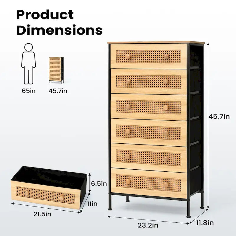 6-Drawer Dresser Chest PE Rattan Storage Tower Organizer Cabinet