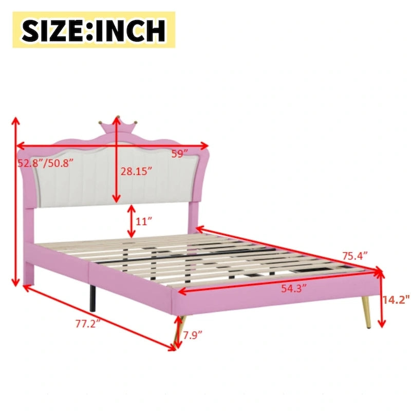 Full Size Upholstered Bed Frame with LED Lights, Modern Upholstered Princess Bed with Crown Headboard, Pink+White